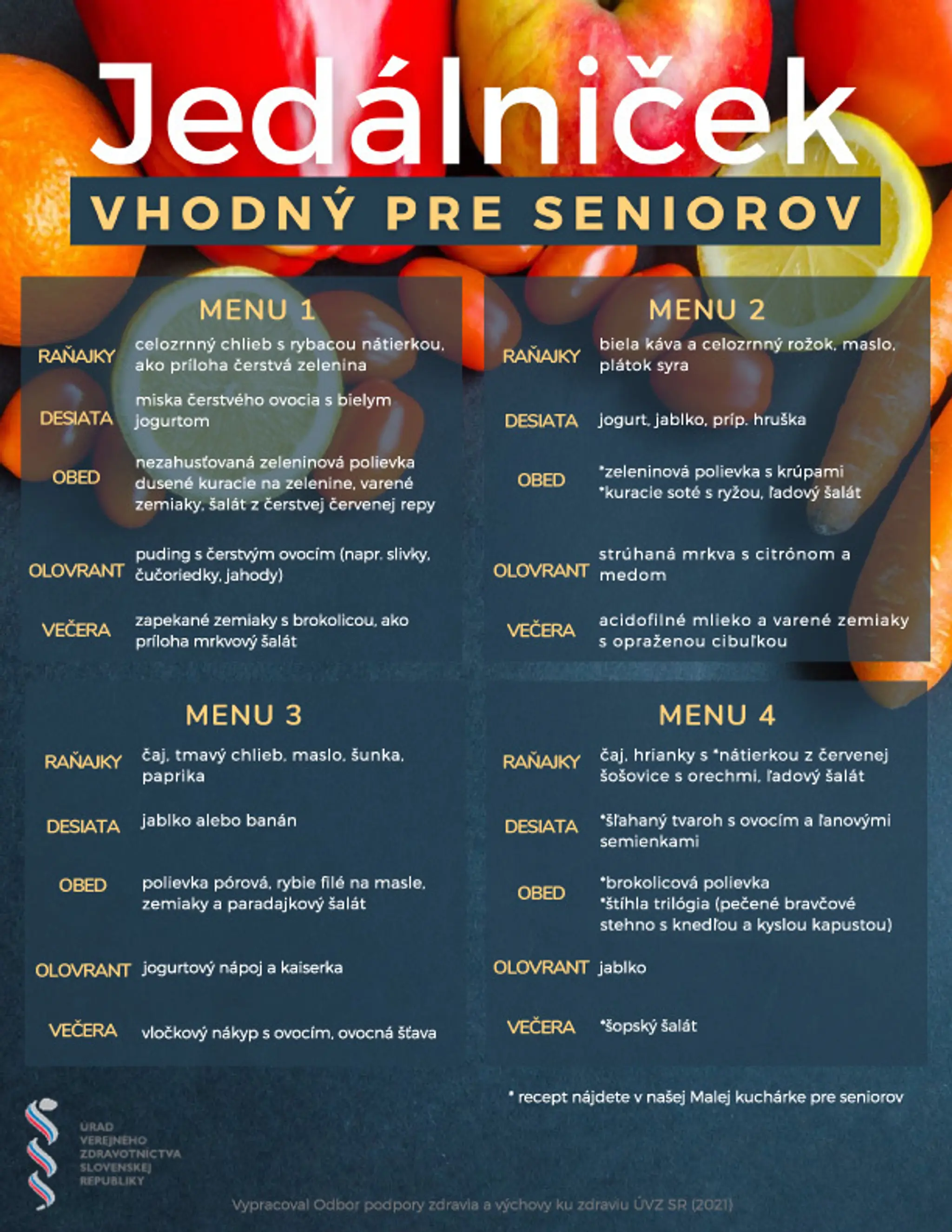 Vzorový jedálniček pre seniorov so štyrmi menu.