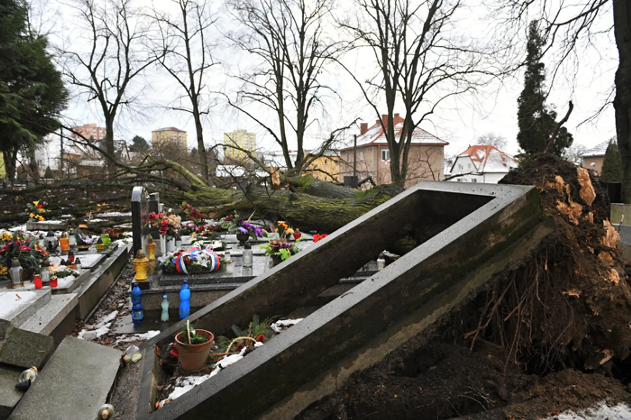 Vyvrátený strom a poškodené hroby na Národnom cintoríne po smršti v Martine. (Archívna snímka)