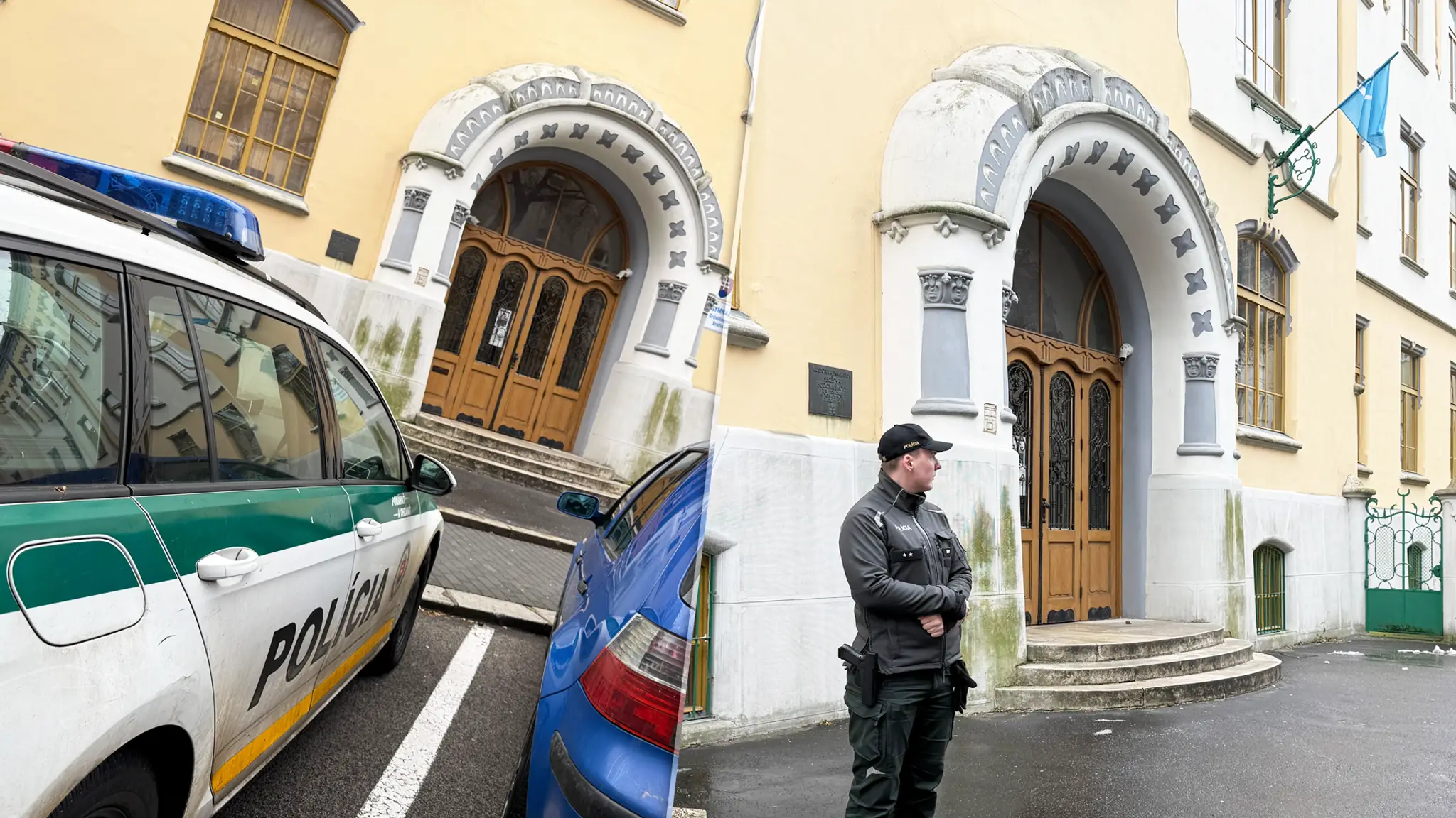 Na snímke policajt, ktorý hliadkuje pred Gymnáziom na Grösslingovej ulici v Bratislave.