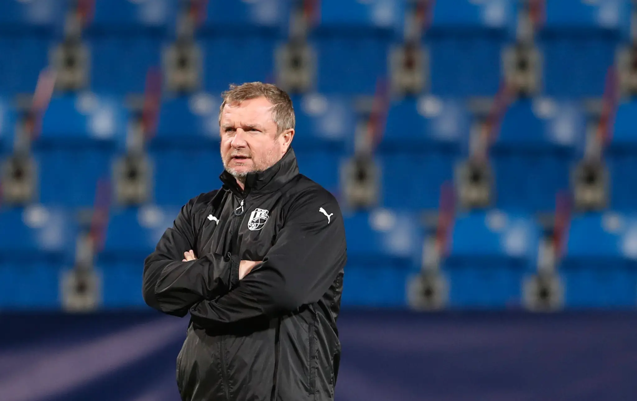 Tréner Plzne Pavel Vrba na tréningu pred zápasom LM proti Realu Madrid.