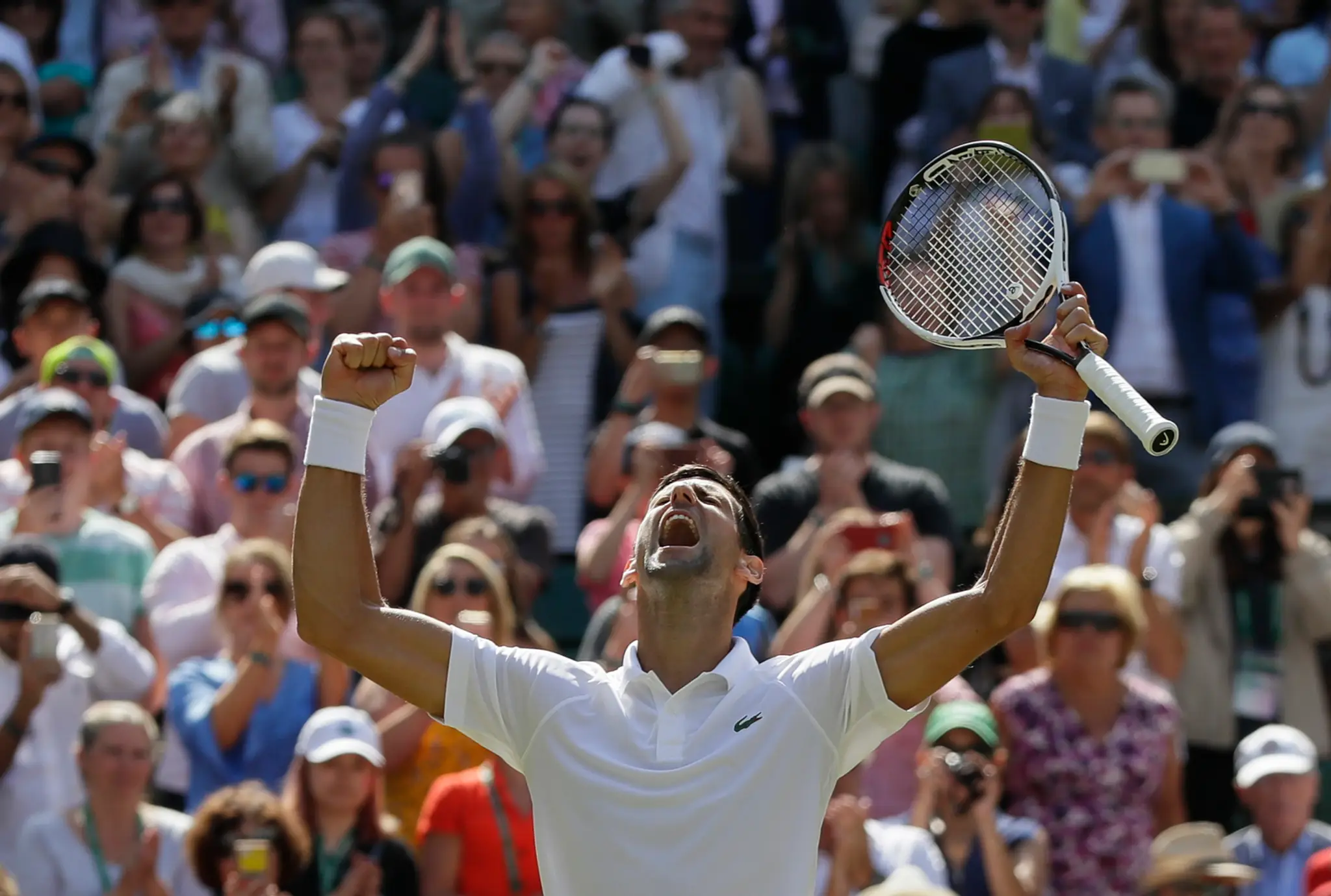 Radosť Srba Novaka Djokoviča po výhre vo štvrťfinále Wimbledonu 2018 nad Keiom Nišikorim.