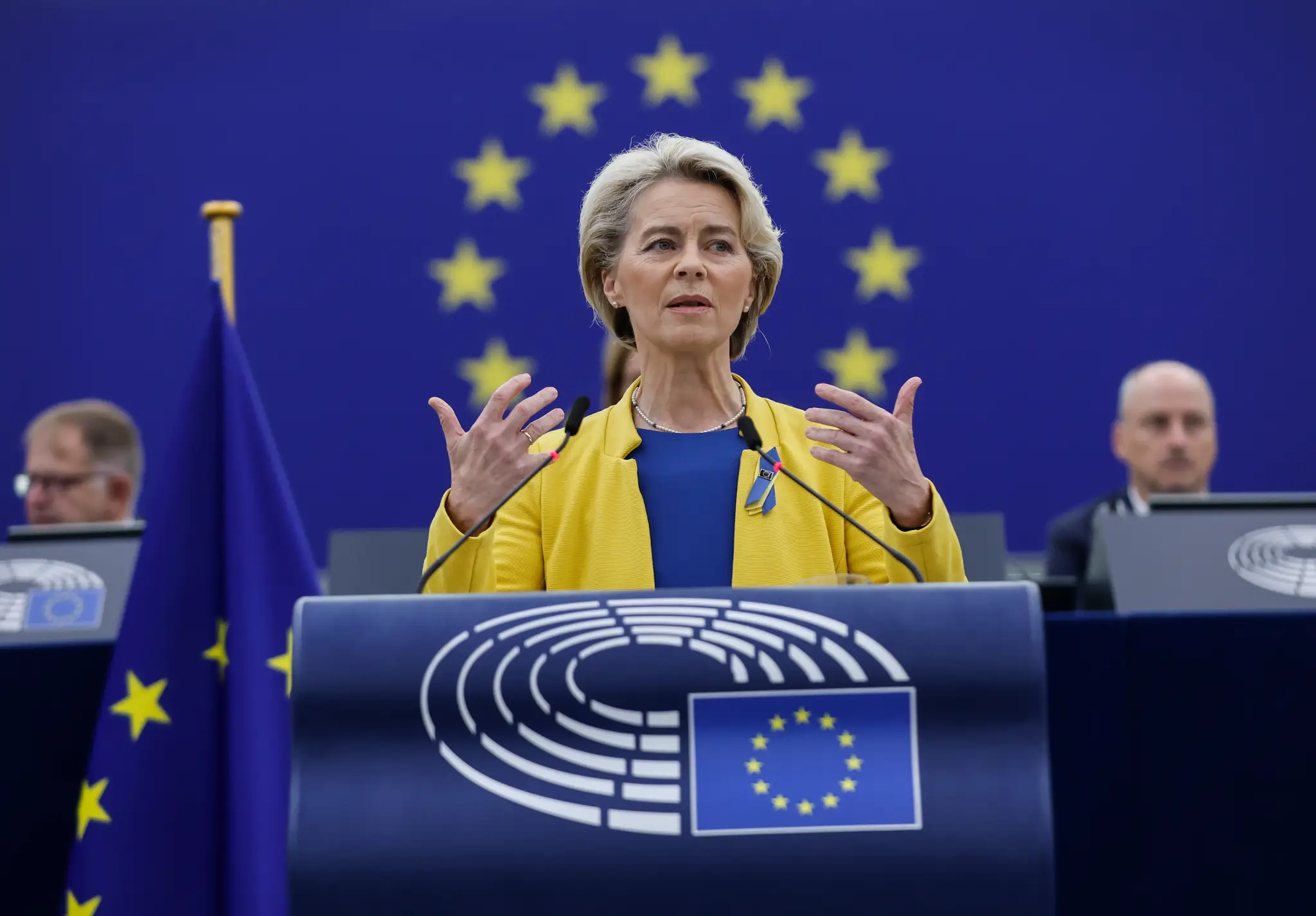 Predsedníčka Európskej komisie (EK) Ursula von der Leyenová hovorí o Ukrajine na pôde Európskeho parlamentu.