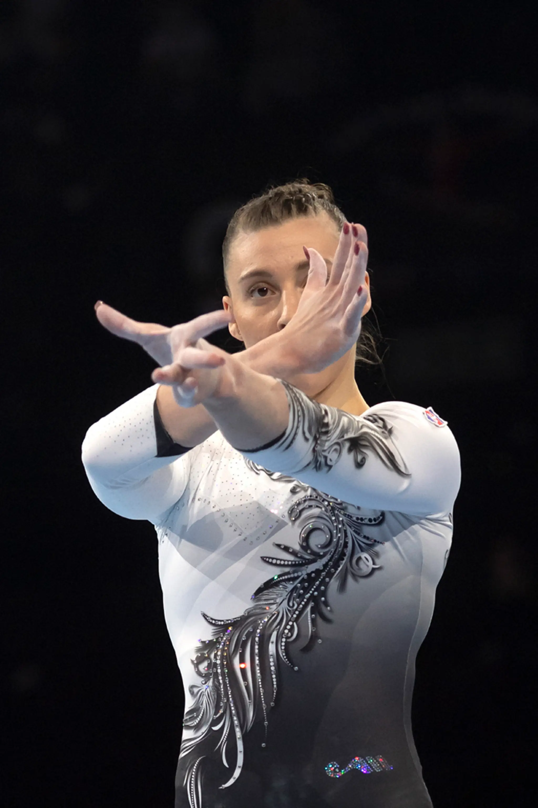 Barbora Mokošová počas vystúpenia v prostných vo finále viacboja na ME v Bazileji (23. apríla 2021)