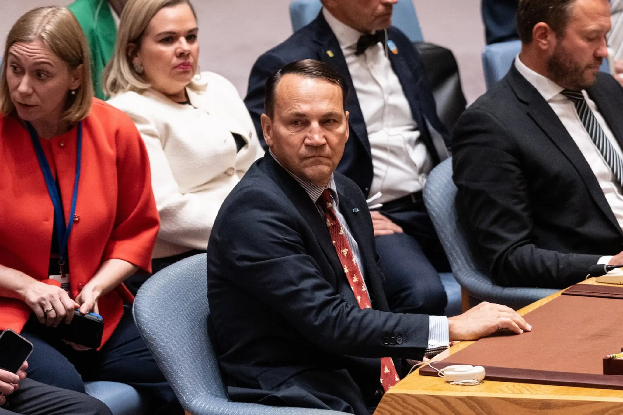 Šéf Poľskej diplomacie Radosla Sikorski počas svojho príhovoru na mimoriadnom zasadnutí Bezpečnostnej rady OSN v New Yorku.