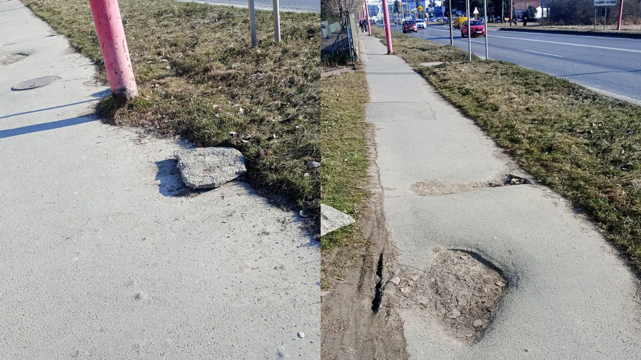 Záber na nebezpečný chodník v Ružomberku.