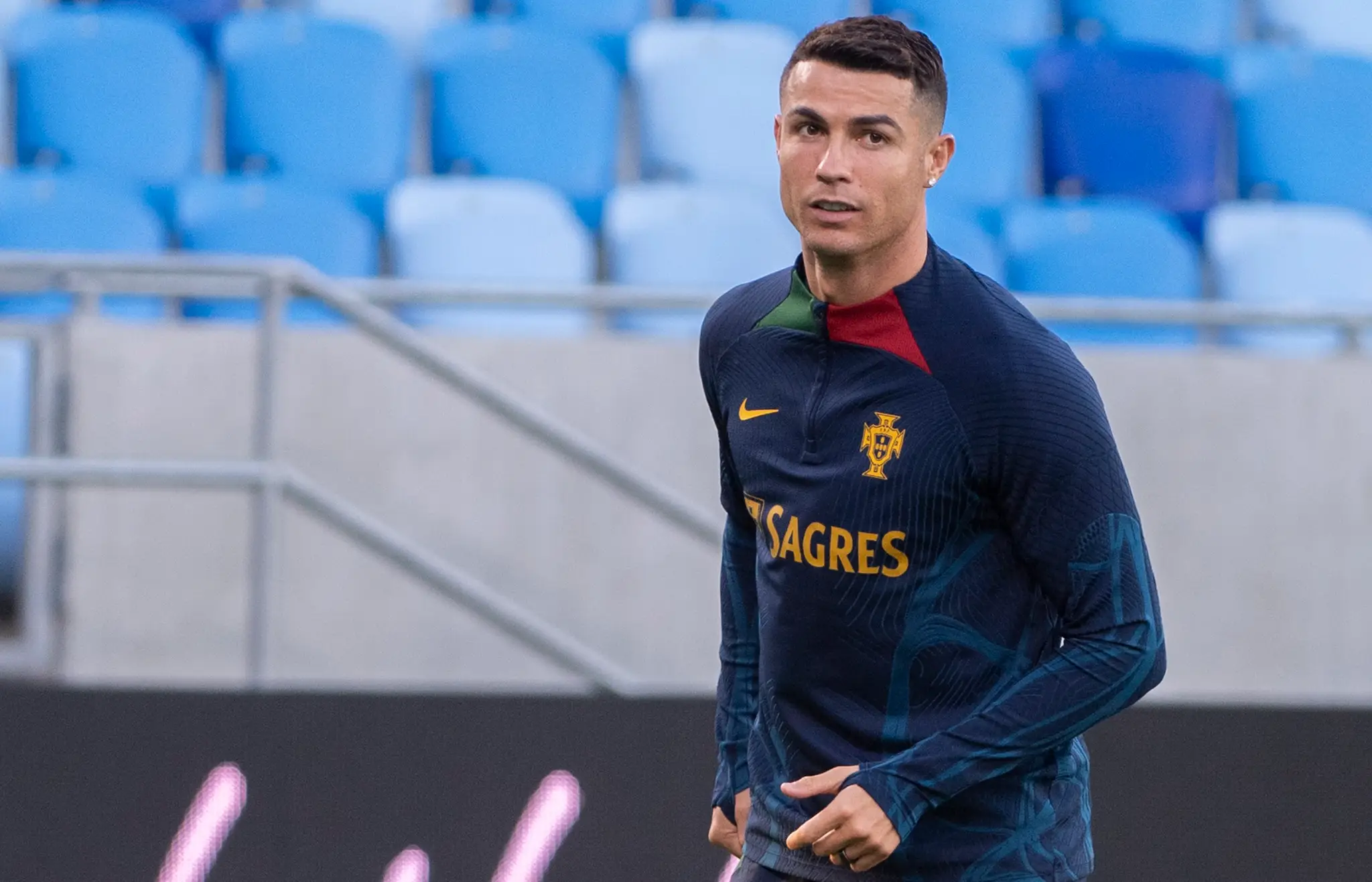 Na snímke portugalský futbalista Cristiano Ronaldo počas tréningu pred piatkovým zápasom kvalifikácie ME 2024 Slovensko - Portugalsko vo štvrtok 7. septembra 2023 v Bratislave.