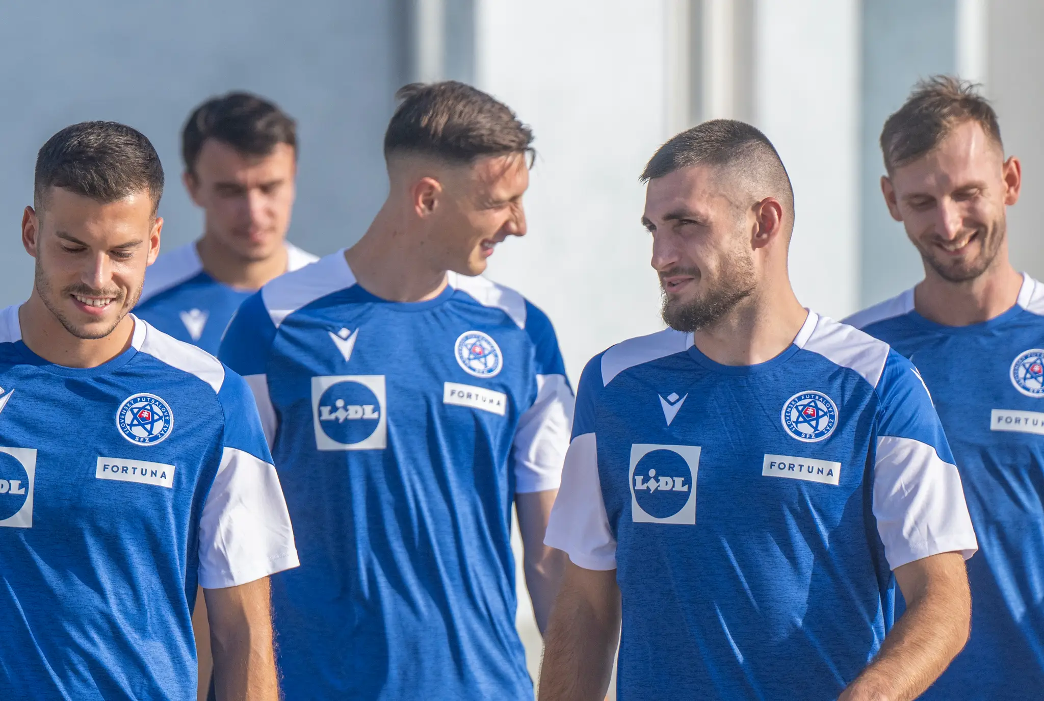 Na snímke slovenskí futbaloví reprezentanti zľava László Bénes, Dávid Strelec, Róbert Boženík, Matúš Bero a Norbert Gyömbér.