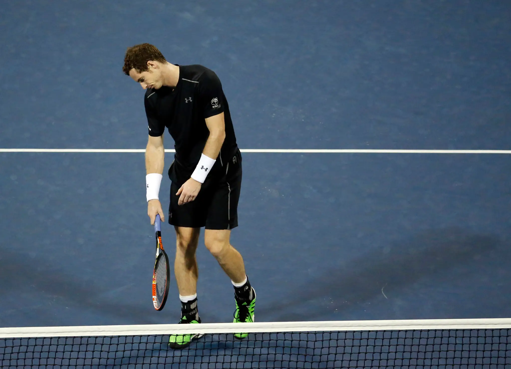 Sklamaný Andy Murray po vypadnutí z US Opev v osemfinále.