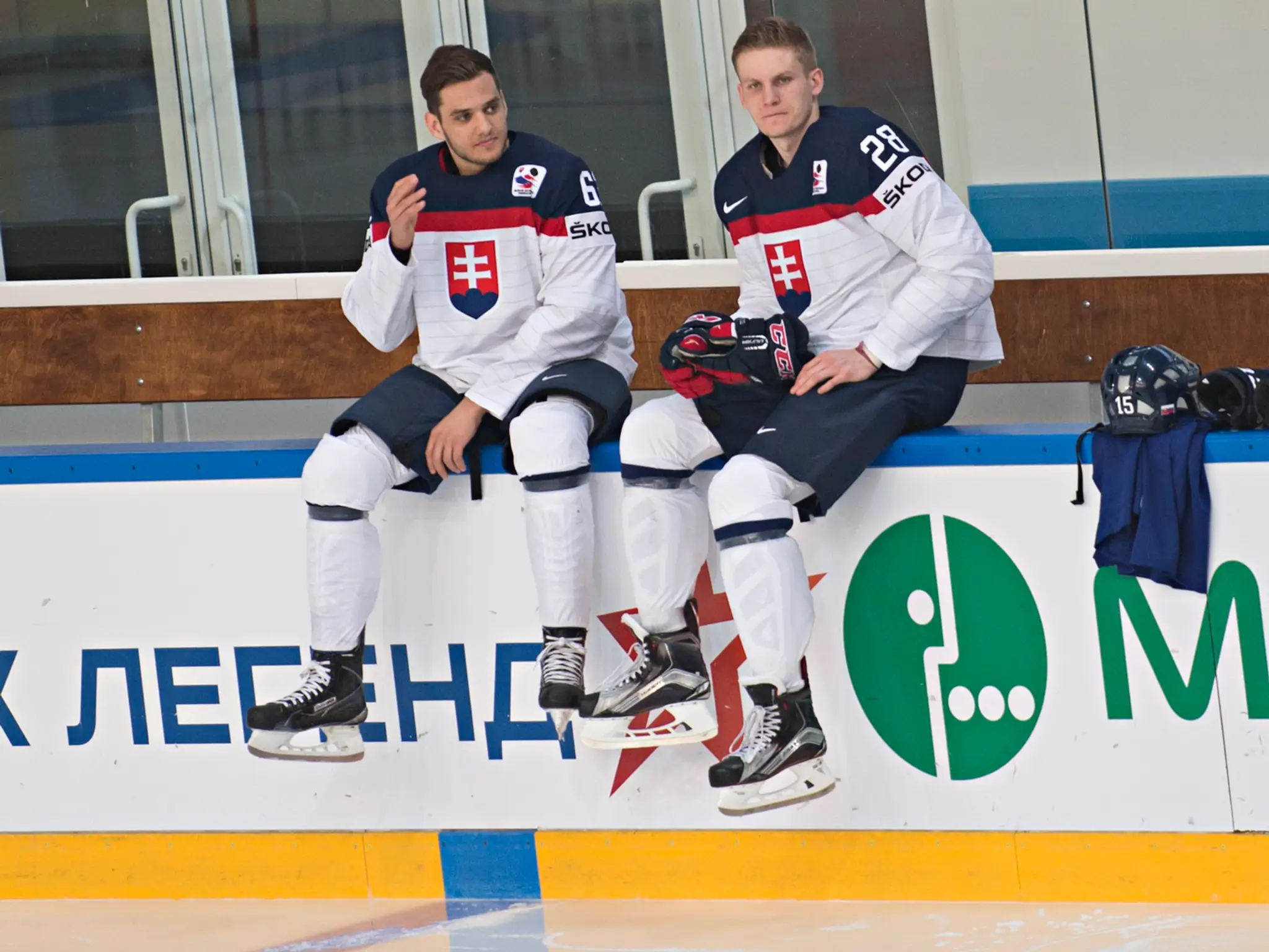 Christian Jaroš (vľavo) a Pavol Skalický počas fotografovania slovenského hokejového tímu.