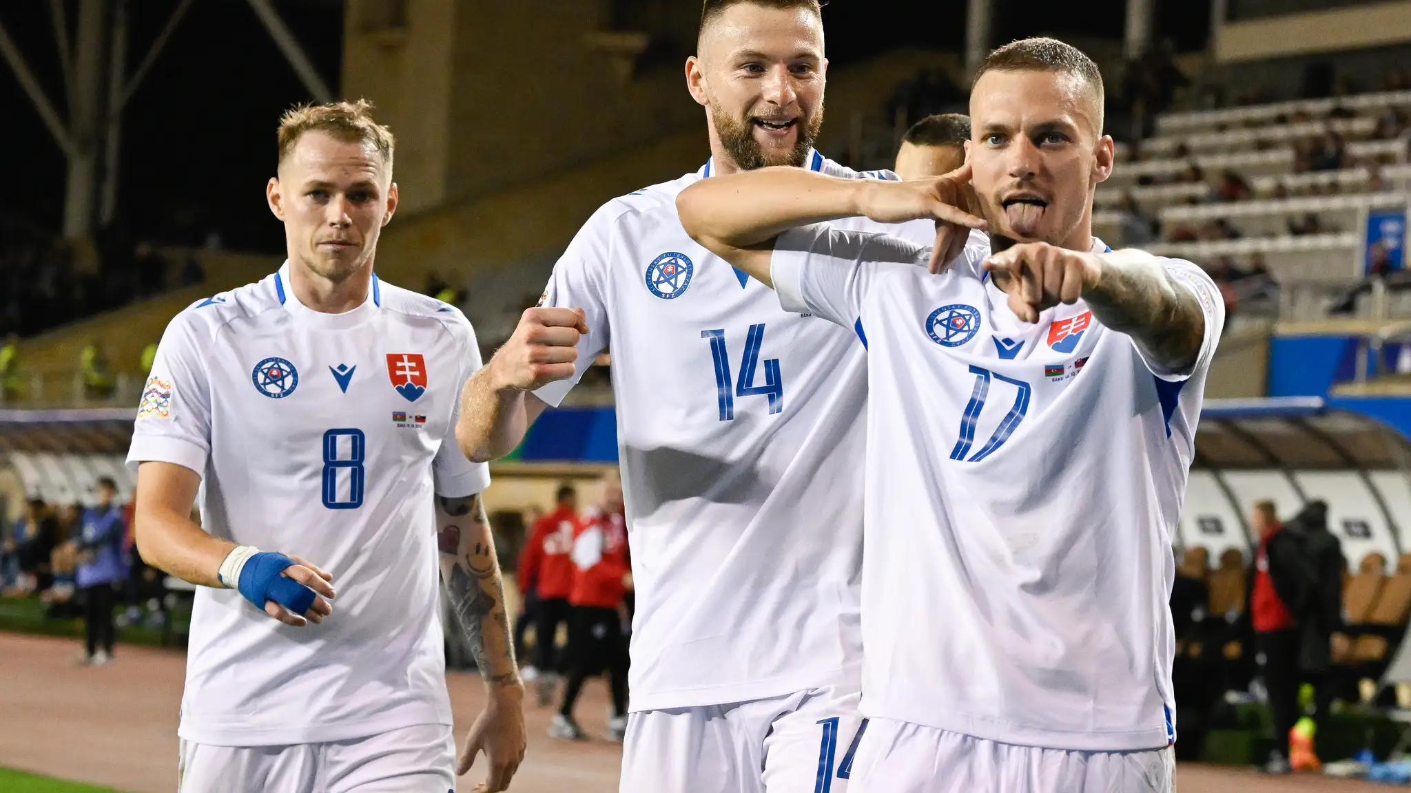 Na snímke sprava radosť Lukáša Haraslína po strelení druhého gólu, Milan Škriniar a Ondrej Duda.