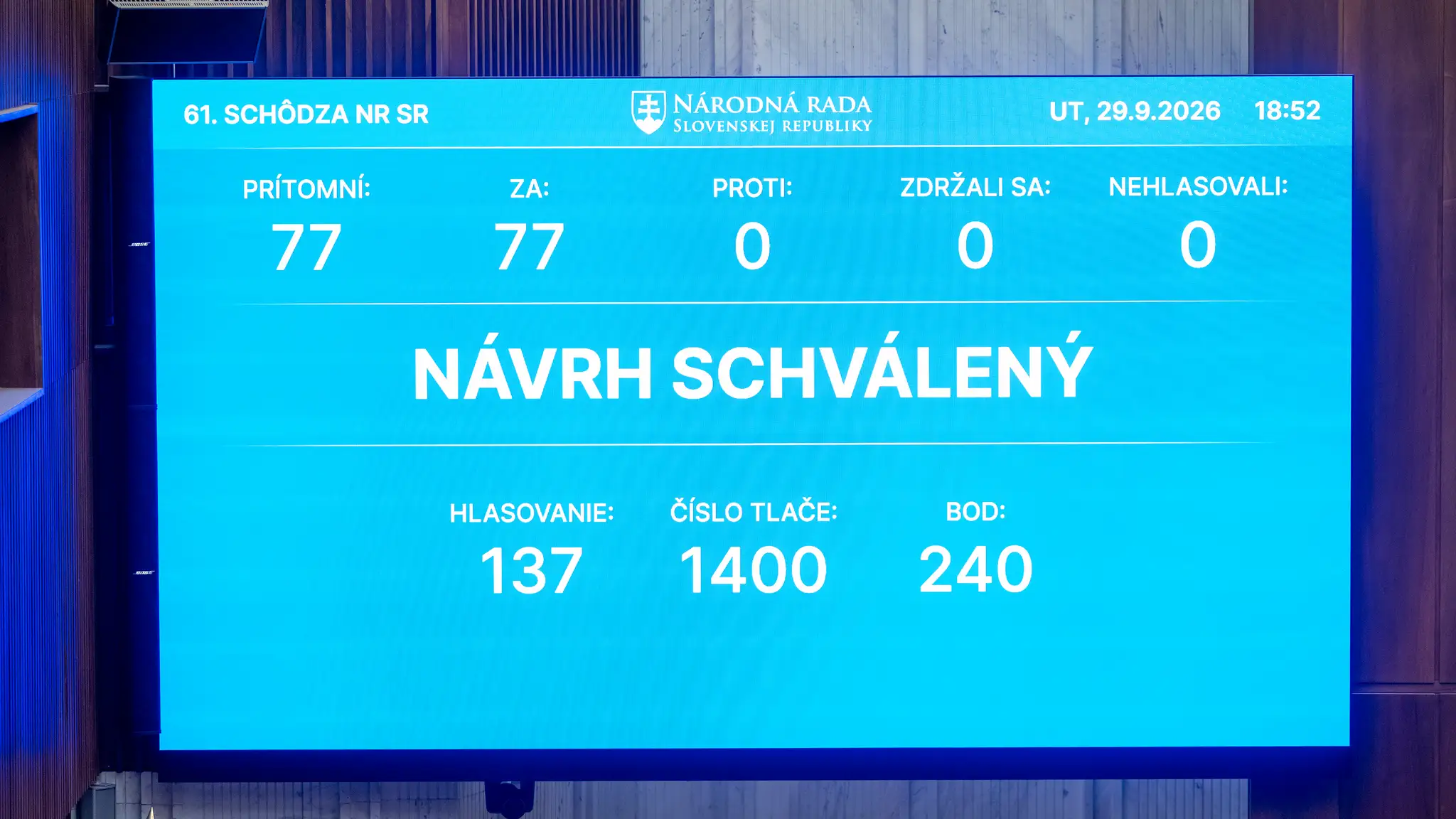 Elektronická tabuľa s výsledkom hlasovania o odvolaní šéfa envirorezortu Tomáša Tarabu