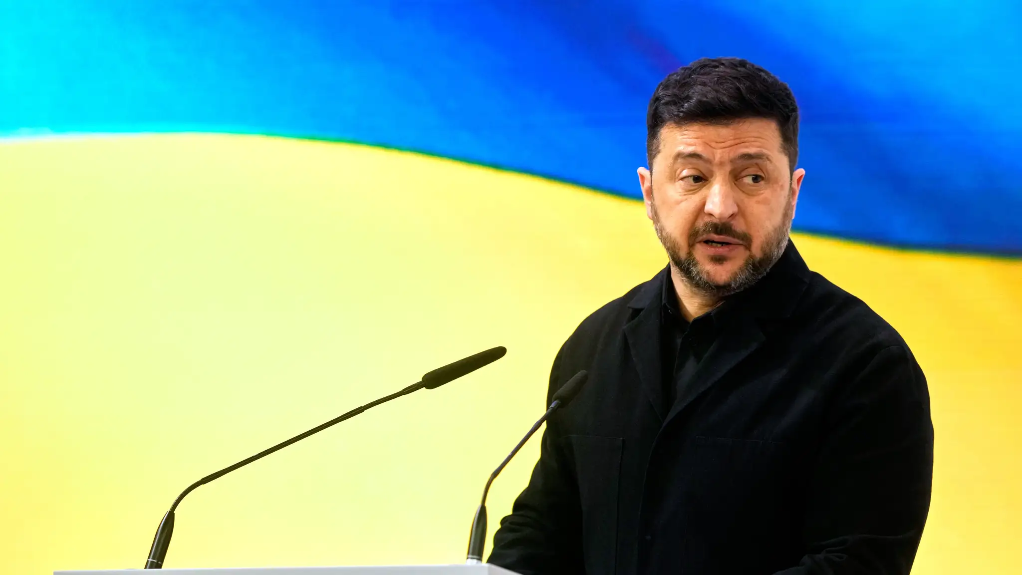 Ukrajinský prezident Volodymyr Zelenskyj počas jeho prejavu na Mníchovskej bezpečnostnej konferencii.