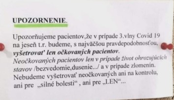 Ortopéd z Topoľčian oznámil, že počas tretej vlny vyšetrí len očkovaných. Takto to vysvetlil