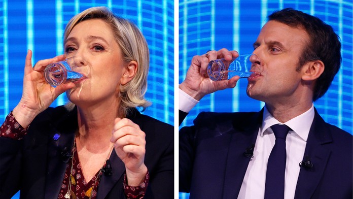 Líderka Krajnej pravice Marine Le Penová a centristický kandidát Emmanuel Macron.