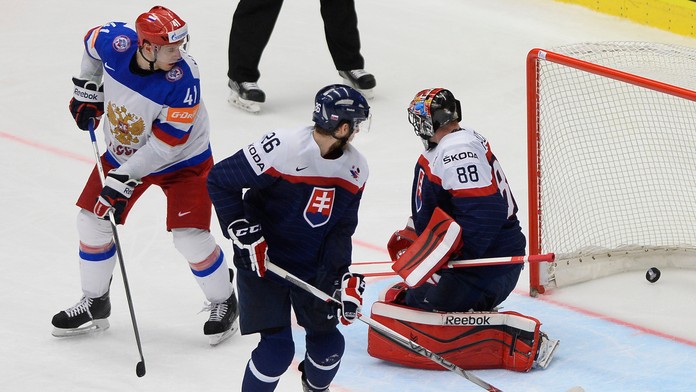 Na snímke slovenský brankár Július Hudáček inkasuje gól na 1:1