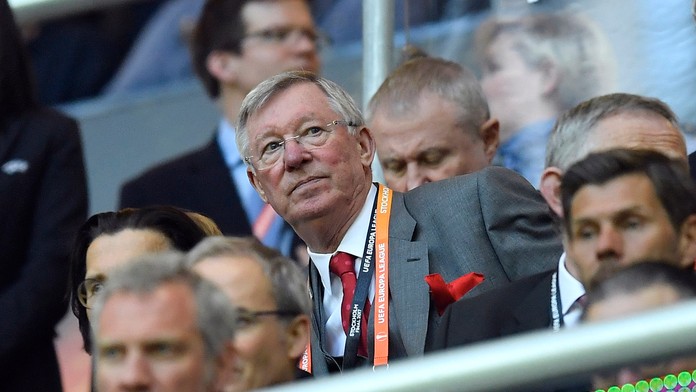 Bývalý tréner Manchestru Alex Ferguson na tribúne počas zápasu finále Európskej ligy UEFA Ajax Amsterdam - Manchester United.