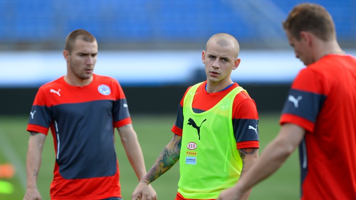 Erik Jendrišek, Vladimír Weiss a Ján Ďurica na tréningu pred prípravným zápasom Rusko - Slovensko.