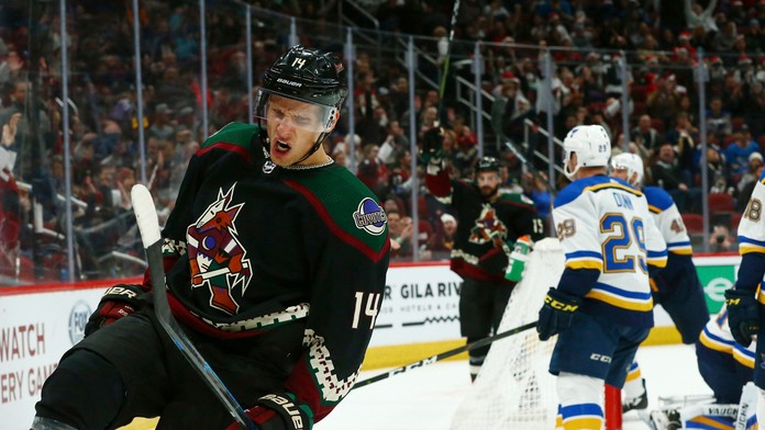 Richard Pánik z Arizony oslavuje gól proti St. Louis.