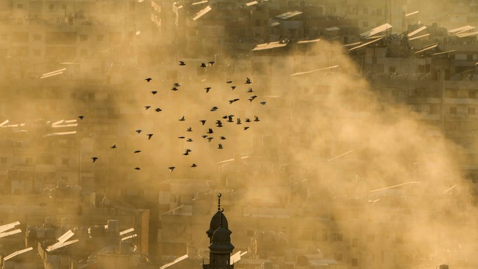 Kŕdeľ vtákov letí cez dym, ktorý stúpa po izraelskom leteckom  útoku na južné predmestie Bejrútu.
