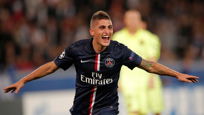 Marco Verratti (PSG) sa teší z gólu do siete FC Barcelona v skupinovej fáze Ligy majstrov 2014/2015