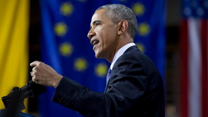 Americký prezident Barack Obama reční na Hannoverskom veľtrhu v Hannoveri.