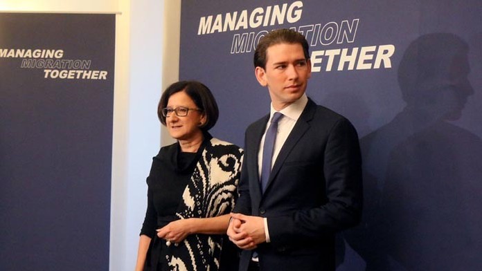 Rakúska ministerka vnútra Johanna Miklová-Leitnerová a rakúsky minister zahraničných vecí Sebastian Kurz.