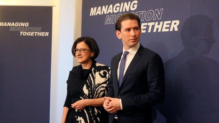 Rakúska ministerka vnútra Johanna Miklová-Leitnerová a rakúsky minister zahraničných vecí Sebastian Kurz.