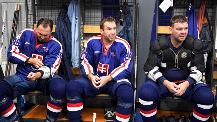 Na snímke slovenské hokejové legendy, zľava Miroslav Šatan, Žigmund Pálffy a Jozef Stümpel 