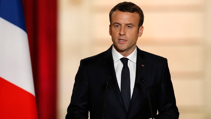 Francúzsky prezident Emmanuel Macron reční počas inauguračného prejavu v Elyzejskom paláci.