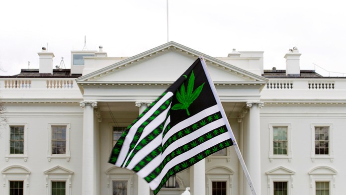 Zástava s marihuanou pred Bielym domom počas protestu.