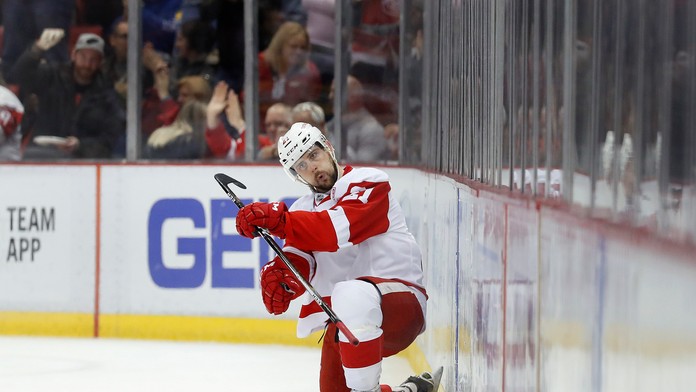 Tomáš Tatar sa teší po strelení gólu v zápase zámorskej hokejovej NHL Detroit Red Wings - Boston Bruins.