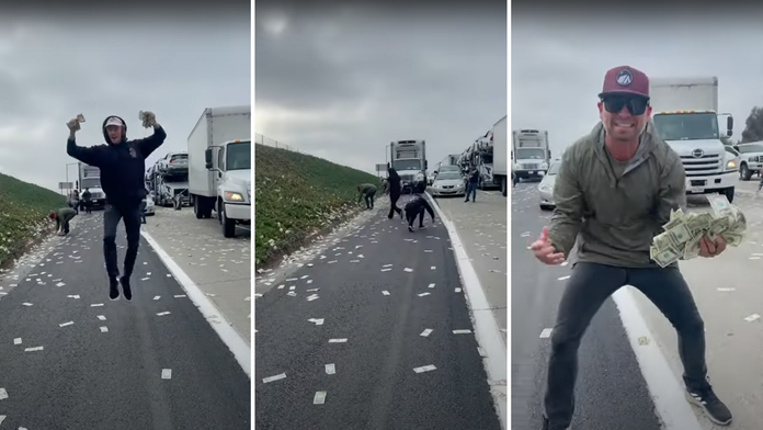 Ľudia na diaľnici zbierajú bankovky.