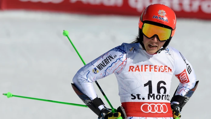 Petra Vlhová reaguje v cieli po 2. kole obrovského slalomu žien na MS vo švajčiarskom St. Moritze.