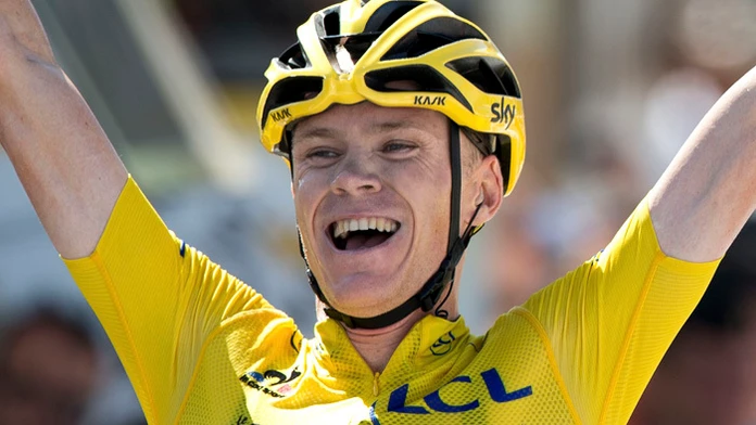 Britský jazdec tímu Sky Chris Froome sa teší z víťazstva na prvej horskej etape z Tarbes do La Pierre-Saint-Martin.
