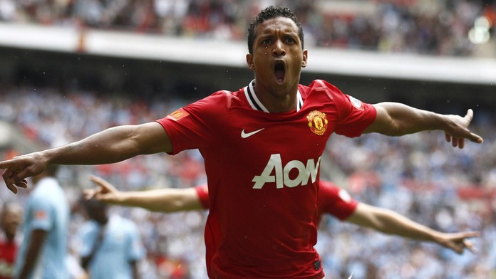 Nani oslavuje gól do bránky Manchesteru City vo zápase anglického superpohára FA Community Shield. (archív 2011)