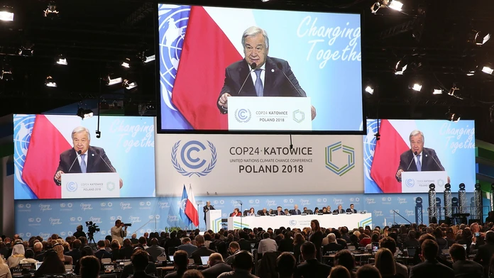 Generálny tajomník OSN António Guterres hovorí počas Konferencie OSN o zmene klímy.