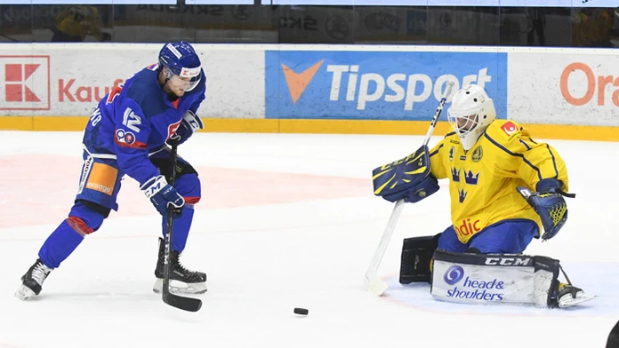 rankár Jaroslav Halák z Bostonu Bruins sa teší z víťazstva so spoluhráčom Karsonom Kuhlmanom.