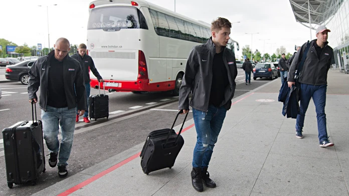 Andrej Sekera, Pavol Skalický, Martin Réway pred odchodom na MS do Petrohradu.