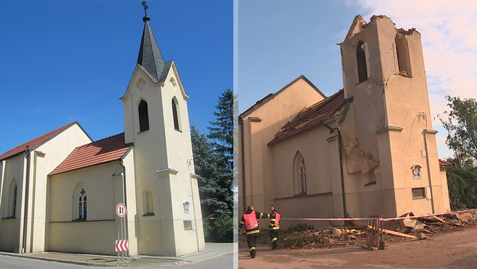 Zničený kostol v obci Hrušky.