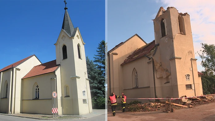 Zničený kostol v obci Hrušky.