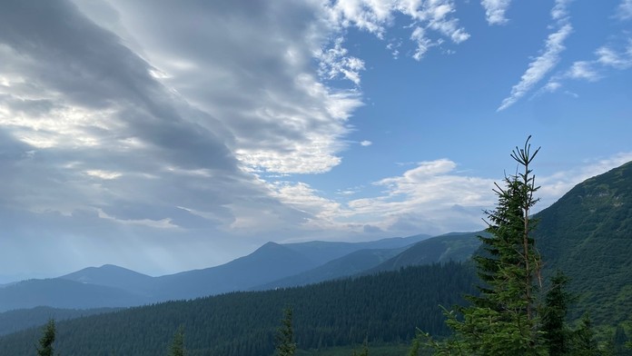 Za stromami je vidieť najvyššiu horu na Ukrajine.