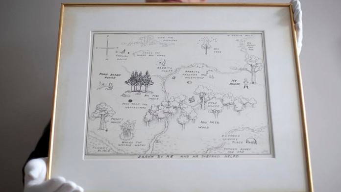 Originálna verzia mapy Stoakrového lesa, kde sa odohrávajú príbehy Medvedíka Pú a jeho priateľov.