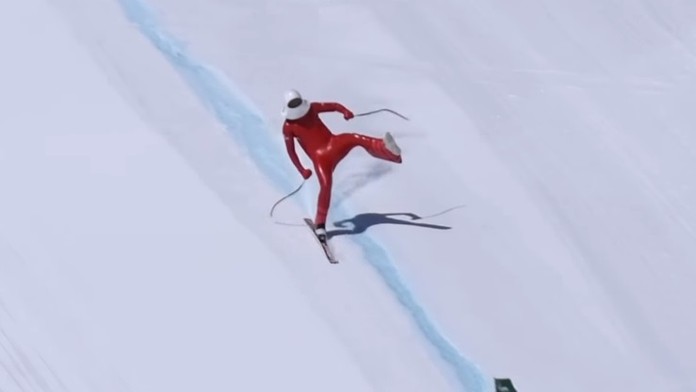 Lyžiar Juanki Sanchéz tesne pred pádom balancuje na jednej lyži.