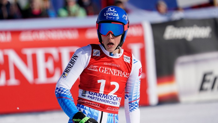 Alpská lyžiarka Stephanie Venierová reaguje v cieli super-G v Garmisch-Partenkirchene.