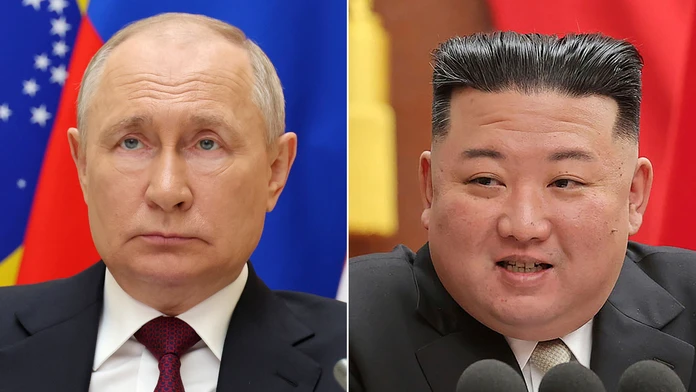Na kombosnímke sú zľava ruský prezident Vladimir Putin a severokórejský vodca Kim Čong-un.