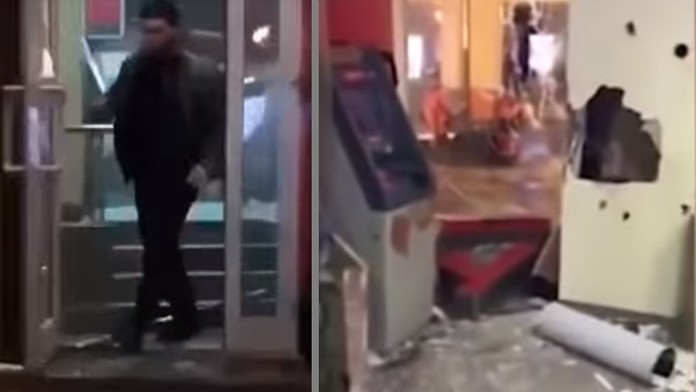 Bývalý zápasník odchádza zo zdemolovanej pobočky banky.