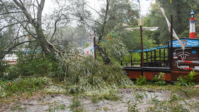 Zvýšená hladina Dunaja v Karloveskej zátoke v Bratislave.