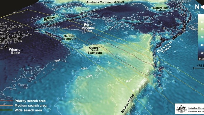 Satelitný 3D model morského dna zobrazuje oblasti, kde by sa lietadlo mohlo nachádzať.