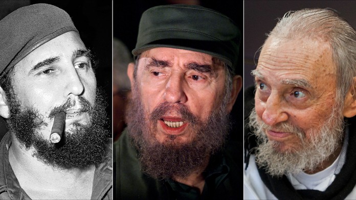 Na kombosnímke je Fidel Castro - zľava rok 1961, reční k novinárom vo Washingtone rok 2000 a na poslednej foto je vo svojom dome