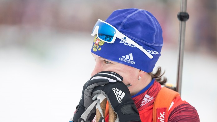 Na snímke ruská biatlonistka Anastasia Zagoruiková  v cieli rýchlostných pretekov žien v biatlone v IBU Cupe v Osrblí.